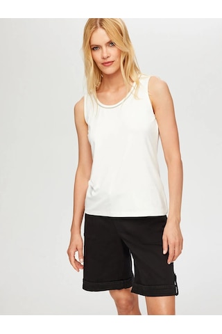 Faik Sönmez Yakası Zincir Şerit Detaylı Kadın Kolsuz Bluz B00024-3 Ekru