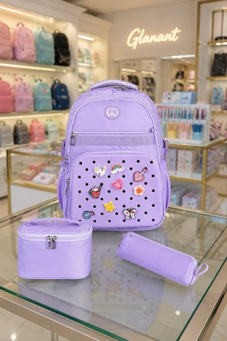 3'lü Set Çocuk İlkokul Çantası+ Kalemlik+ Beslenme Delikli Model Relaxio Mor