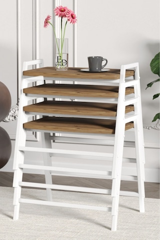 Zigon Sehpa , Aden 4'lü Tepsi Zigon Sehpa Takımı Beyaz Metal - Atlantik Çam Tabla Beyaz-atlantik Çam