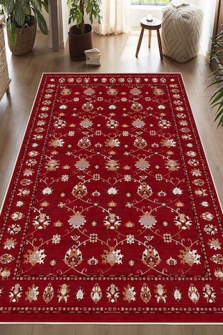 Dijital Baskılı Renkli Kilim Desenli Kaymaz Taban Yıkanabilir Halı Bordo