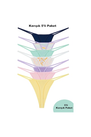 Sensu Kadın Ipli Brazilian Tanga 5'li Külot Set Desenli Karışık Renkler -kts3023 Karışık