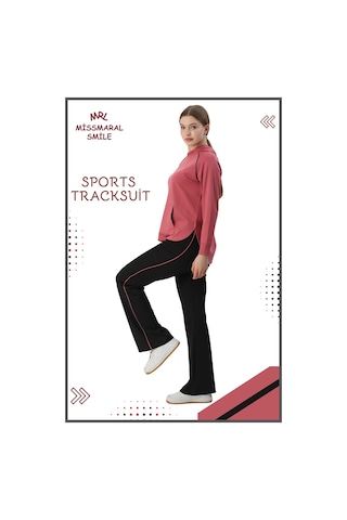 Kadın Spor Eşofman Takım İspanyol Paça Çift Cepli Alt &kapüşonlu Kanguru Cepli Üst Gül Kurusu 3053 Gül Kurusu