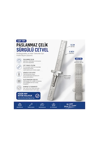 Paslanmaz Çelik Sürgülü Klipsli Cep Cetveli 15 Cm Çift Taraflı Hassas Metal Cetvel
