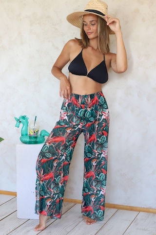 Plaj Pantalon Pareo Yazlık Kapalı Yırtmaçlı Lastikli Şifon Tül Kumaş S-M Yüksek Bel Flower Yeşil