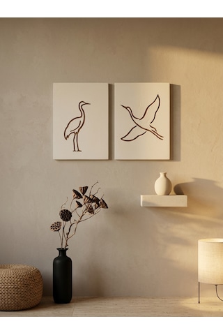 Zen Serenity 2'li Duvar Sanatı Seti - Minimalist Japandi Tarzı El Yapımı Kazıma Çizgisel Turna Tablo Seti