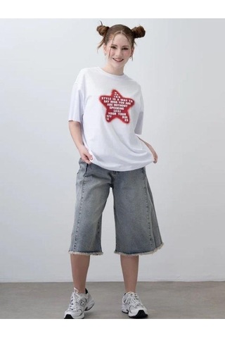 Zekids Kız Çocuk Yıldız Harf Baskılı Oversize T-shirt-15532 Beyaz