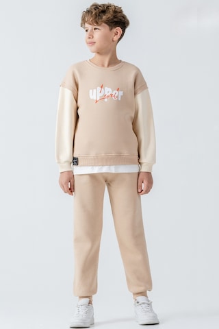 Erkek Çocuk Upper Baskılı 3 İplik Kalın Kışlık Eşofman Takımı Ak4231 Bej