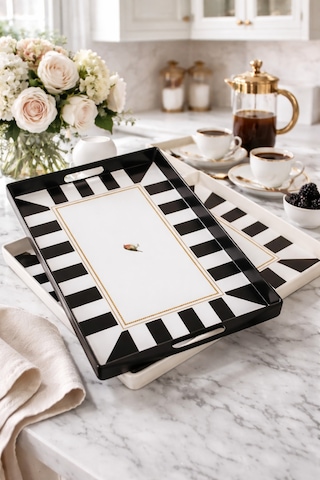 Makri Home 2 Adet Çizgili Desenli Servis Tepsisi 38x28x3,5 Cm, Siyah-beyaz Çok Renkli