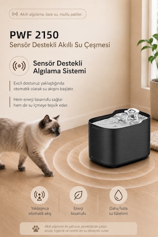 Pwf 2150 Akıllı Otomatik Sensörlü Kedi Köpek Paslanmaz Çelik Su Çeşmesi 2,5l - Petmate Flowsense - Siyah