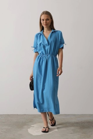 Defymoda Beli Lastikli Elbise - Mavi Mavi
