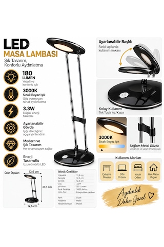Led Masa Lambası 3.3w 180 Lumen 3000k Sıcak Siyah Ayarlanabilir Başlıklı Çalışma Ve Ders Lambası