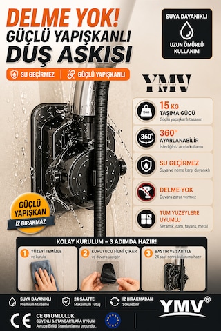 Ymv Yapışkanlı Duş Başlığı Askısı Mafsallı Ayarlanabilir Duş Tutacağı Delme Gerektirmeyen Güçlü Duvar Aparatı Gri