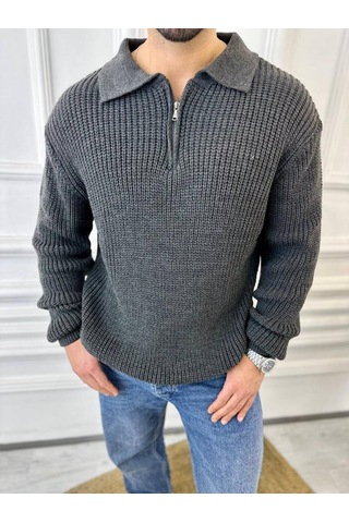 Kazak Oversize Tüylenmez Naturel Pamuk Fermuarlı Polo Yaka Örme Triko Kazak Füme