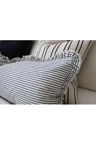 Fırfırlı Vintage Naturel Gri Çizgili Iskandinav Uzun 40x100 Kırlent Yastık İçi Dolgulu