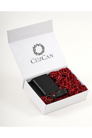 Premium Gift Rose Box - Roco Siyah Hakiki Deri Cüzdan - Anahtarlık Ve Kırmızı Gül Kutusu Kırmızı