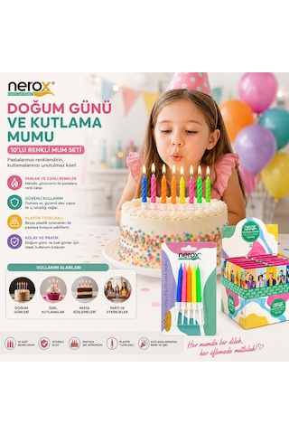 Nerox Nrx-3013 Doğum Günü Mumu 10 Adet Renkli Beyaz Plastik Tutacak Süs - 24'li Paket Diğer