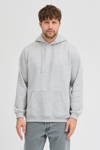 Polostate Erkek Gri Melanj Standart Fit Normal Kesim Içi Polarlı 3 Iplik Kapüşonlu Pamuklu Sweatshirt Gri Melanj