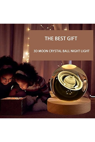 Hombey Güneş Sistemi 3d Lazer Yontma Kristal Top Lambası - 6cm Kristal + Ahşap Tabanlı Usb Akıllı Gece Lambası Şeffaf