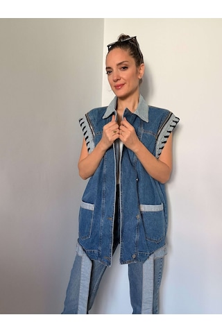 Ali Butik Mavi Oversize Tasarım Denim Yelek Mavi
