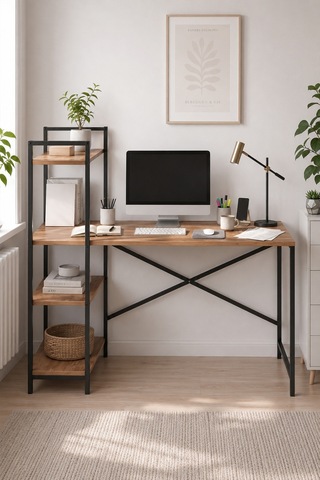 120x55 Cm Raflı Çalışma Masası Bilgisayar Masası Ofis Masası Ders Masası Cervantes Çam