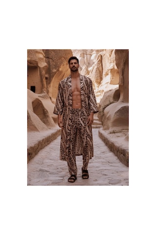 Qmen Style Erkek Kimono Takımı Leopar Desen 3 Lü Viskon Set Bornoz + Pantolon + Şort Bej