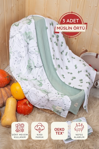 Luckka Dijital Baskılı 3'lü Müslin Örtü Seti - 75x75 Cm - Zt5000 Yeşil Yeşil