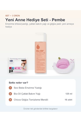 Yeni Anne Hediye Seti 3 Parça: Emzirme Yastığı + Çatlak Bakım Yağı + Göğüs Temizleme Mendili - Pembe