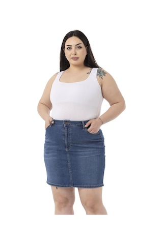 Disentis Büyük Beden Taşlama Detaylı Beş Cepli Mavi Mini Denim Etek-mavi Mavi