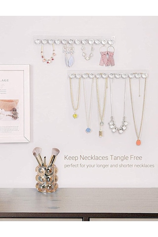 Kangvka Duvar Tipi Akrilik Gümüşlük Seti 2 Adet, 12 Elmas Şekilli Kanca İle Gümüş Ve Kolye Saklama, Kadınlar Ve Gençler İçin Pratik Hediyelik Ürün Şeffaf