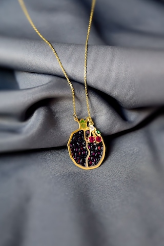 925 Ayar Gümüş Gold Kaplama Kiraz Sallantılı , Mineli Bolluk ve Bereket Tılsımı Nar Taneli Kolye