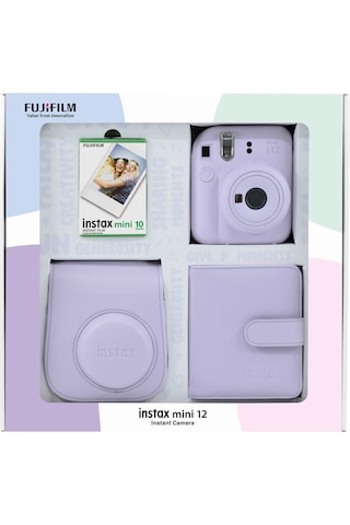 Fujifilm Instax Mini 12 Fotoğraf Makinesi + 10'lu Film Kare Albüm + Deri Kılıf Bundle Box Lila