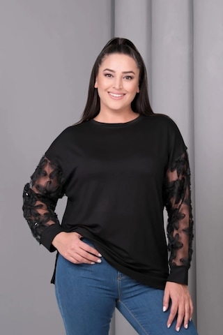 Kolları Tül Çiçek Aplikeli Bluz Siyah