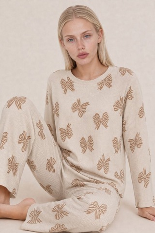 Womanandkids Night Krem Kadın Desenli Uzun Kollu Pijama Takımı 4762
