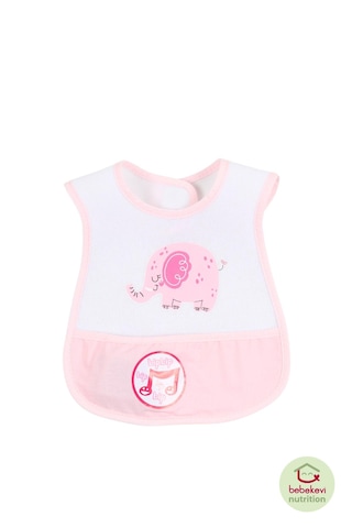 Düdüklü Cepli Sıvama Mama Önlüğü - Mutlu Fil Pembe Bebek Önlüğü Açık Pembe