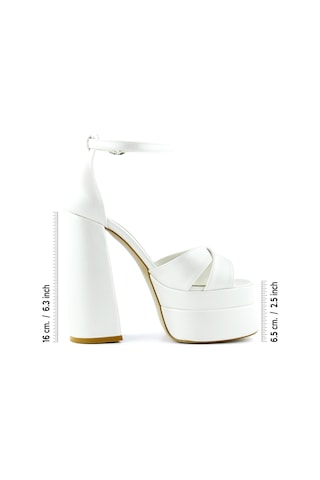 Erkan Saçmacı Celine İnci Beyaz Önü Açık Çapraz Bantlı Çift Platformlu Kalın Topuklu Abiye Gelin Ayakkabısı