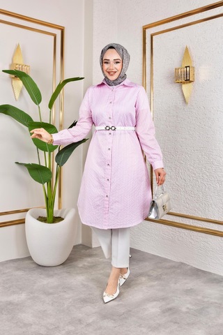 Harman Butik Kemerli Çizgili Keten Gömlek Pembe Pembe