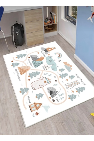 Trafik Tren Çocuk Oyun Halısı Kaymaz Makinede Yıkanabilir B3 Beyaz