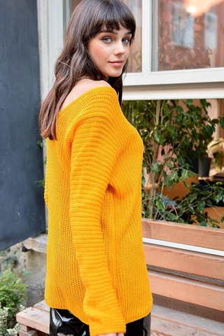 WeShaya Kadın Hardal V Yaka, Uzun Kol, Basic, Yumuşak Dokulu Kaliteli Kumaş, Rahat Kesim, Günlük Triko HARDAL