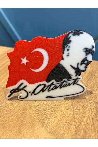 Atatürk Portresi 3d Türk Bayrağı Masaüstü Dekor Atatürk İmzalı Şık Hatıra & Ofis Süsü - Hediyelik 50 x 22