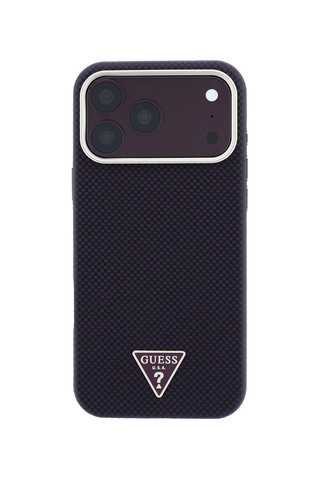Apple iPhone Uyumlu 18 Pro Kılıf Guess Lisanslı M-safeli Pu Metal Üçgen Logolu Karbon Fiber Kevlar Kapak Bordo