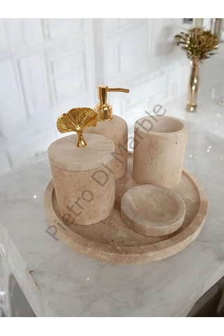 Sarı Traverten Klasik Model 5 Parça Gold Renk Japon Gülü Aksesuarlı Banyo Seti Sarı Traverten