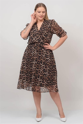 Neşeli Butik Kadın Kruvaze Yaka Midi Boy Büyük Beden Leopar Desenli Şifon Elbise Nb80622 Siyah