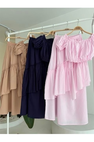 Amorluxe Büzgülü Crop Kat Detaylı Fırfır Etekli Takım 10196 Pembe
