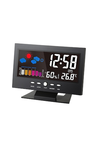 Gajeena Sıcaklık Nem Ölçer Hava Tahmini Saati, Renkli Ekran, Sesli Kontrol Işıklı, Usb Kablolu, Pil Yok Abs, Siyah