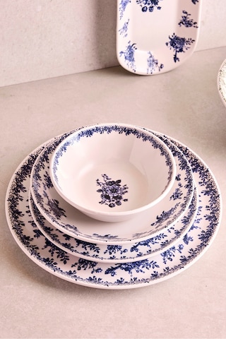 Antik Mavi 27 Parça 6 Kişilik Seramik Yemek Takımı Vintage Mavi Çiçekli Yuvarlak Servis Seti Mavı Mavi