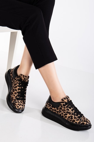 Erceka Günlük Spor Ayakkabı Kadın Sneaker Bağcıklı Leopar Siyah-beyaz-kahverengi Tam Siyah / Leopar