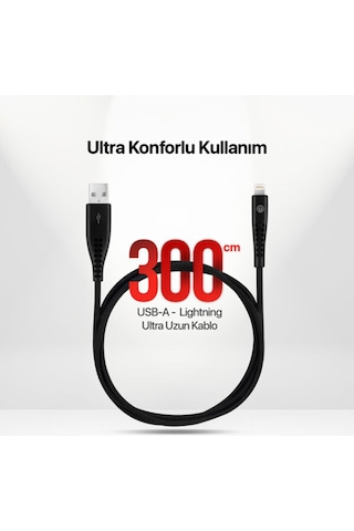 Mojue Ekstra Dayanıklı Ve Uzun 300 CM USB-A - Apple Uyumlu iPhone Lightning 2A Şarj Kablosu Siyah