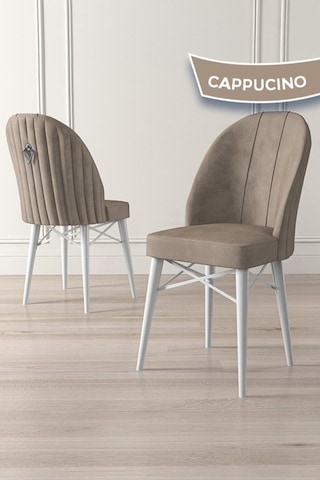 Canisa Ritim Serisi 4 Adet Cappucino Sandalye 1.sınıf Babyface Ithal Kumaş Beyaz Gürgen Ayak Gümüş Halkalı Sandalye Cappucino Ayaklar Beyaz