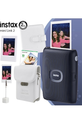Fujifilm Instax Mini Link 2 Yazıcı + 10'lu Mini Film + Deri Kılıf + Albüm Çerçeve + Kıskaçlı Stand Mavi