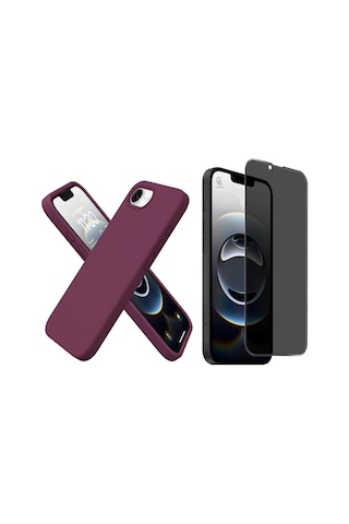 Apple iPhone 16e Uyumlu İçi Kadife Lansman Kılıf Ve Hayalet Privacy Tam Kaplayan Cam Ekran Koruyucu Koyu Mor